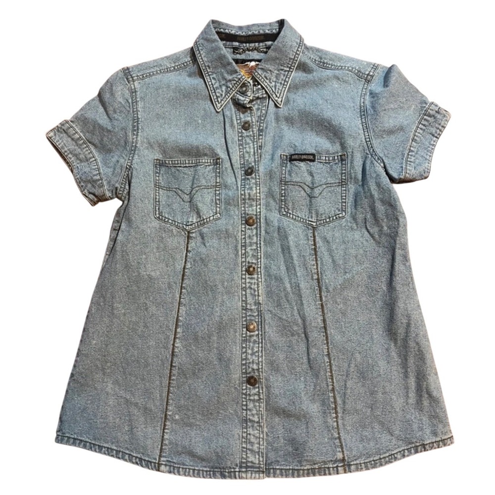Vintage Harley Davidson Womens Blue Denim Short Sleeve Button Up Shirt C8036
